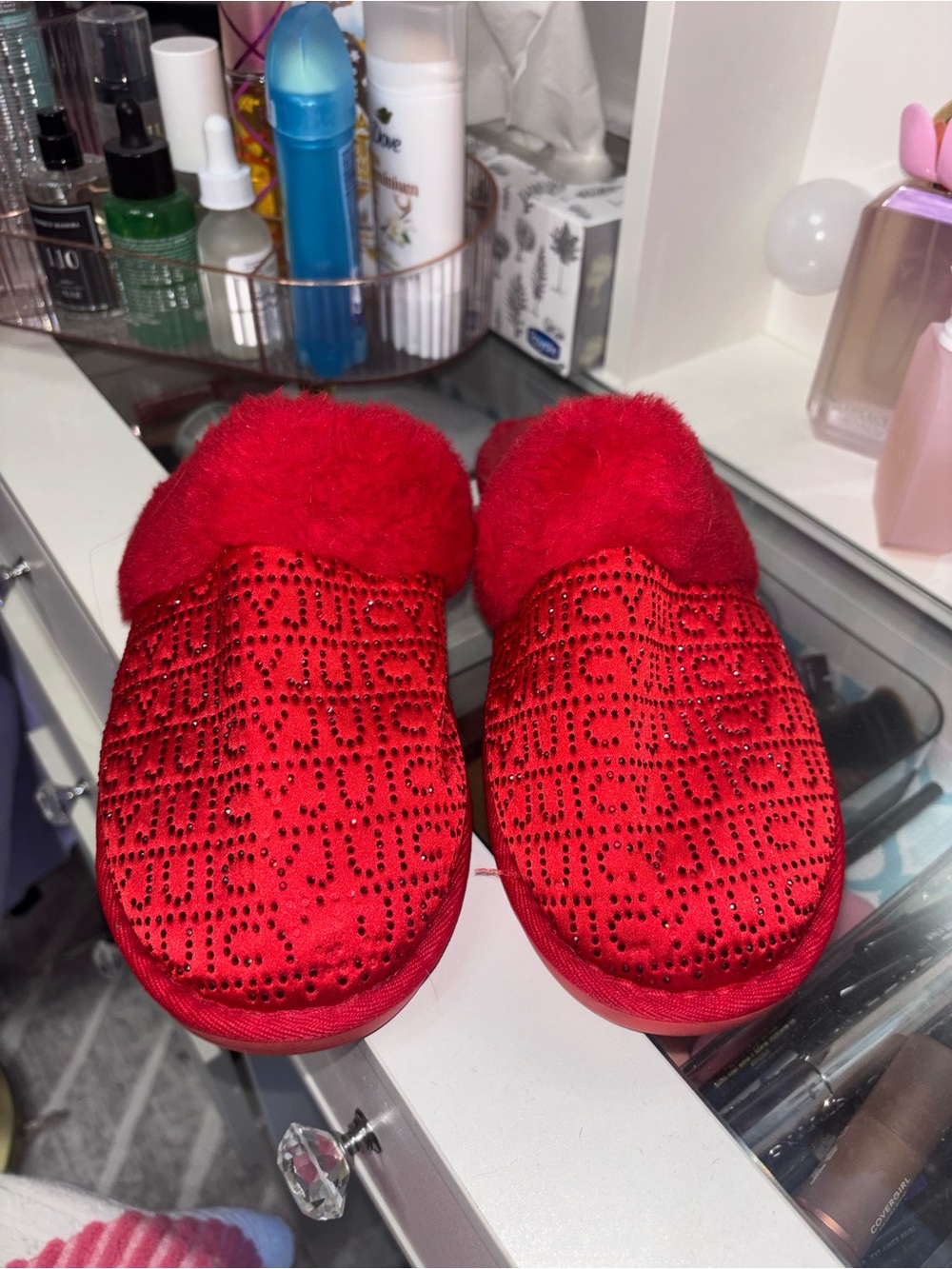 Juicy Couture Red Crystal-Embellished Plush Slippers